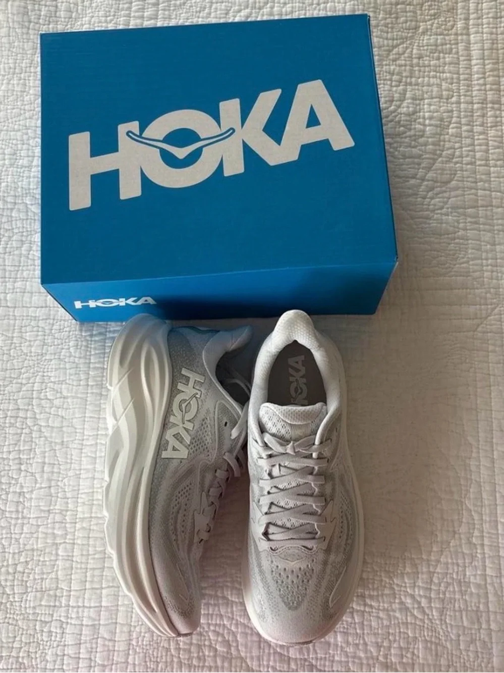 Hoka Light Gray and White Running Sneakers